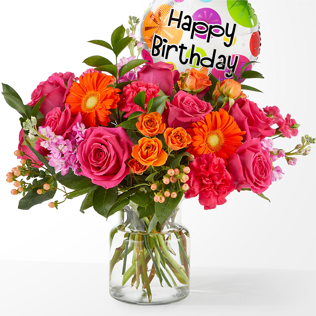 Fiesta Bouquet with Birthday Balloon – Flowers By Oralene Llc, Concord NC