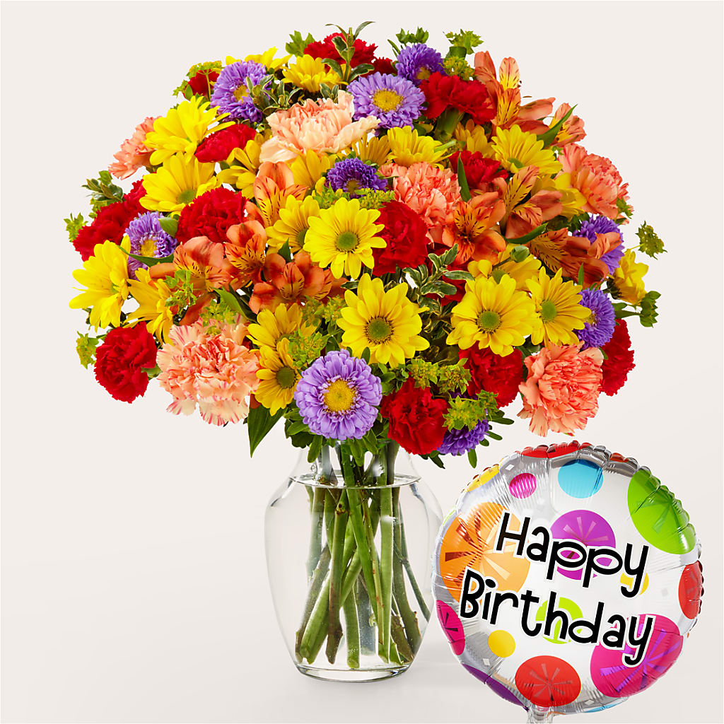 Kaleidoscope Bouquet with Birthday Balloon – Flowers By Oralene Llc, Concord NC