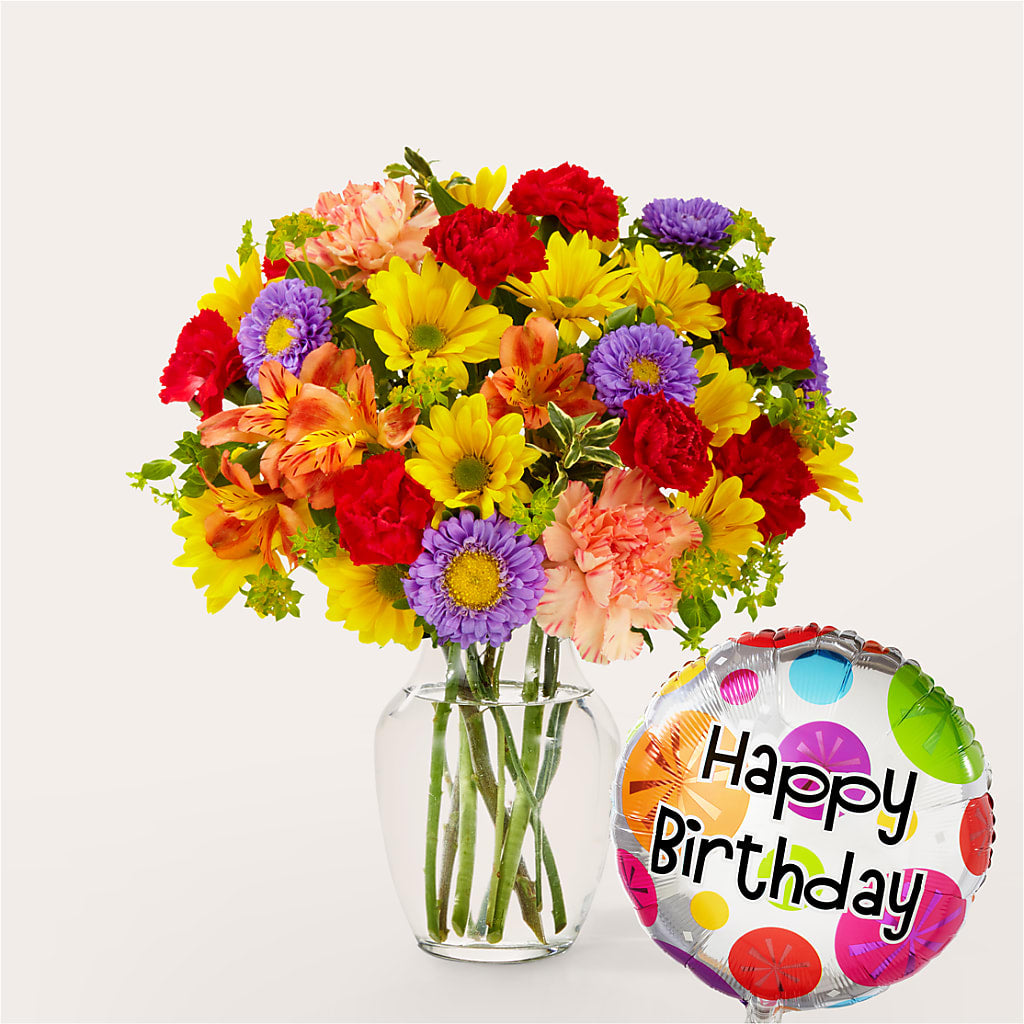 Kaleidoscope Bouquet with Birthday Balloon – Flowers By Oralene Llc, Concord NC