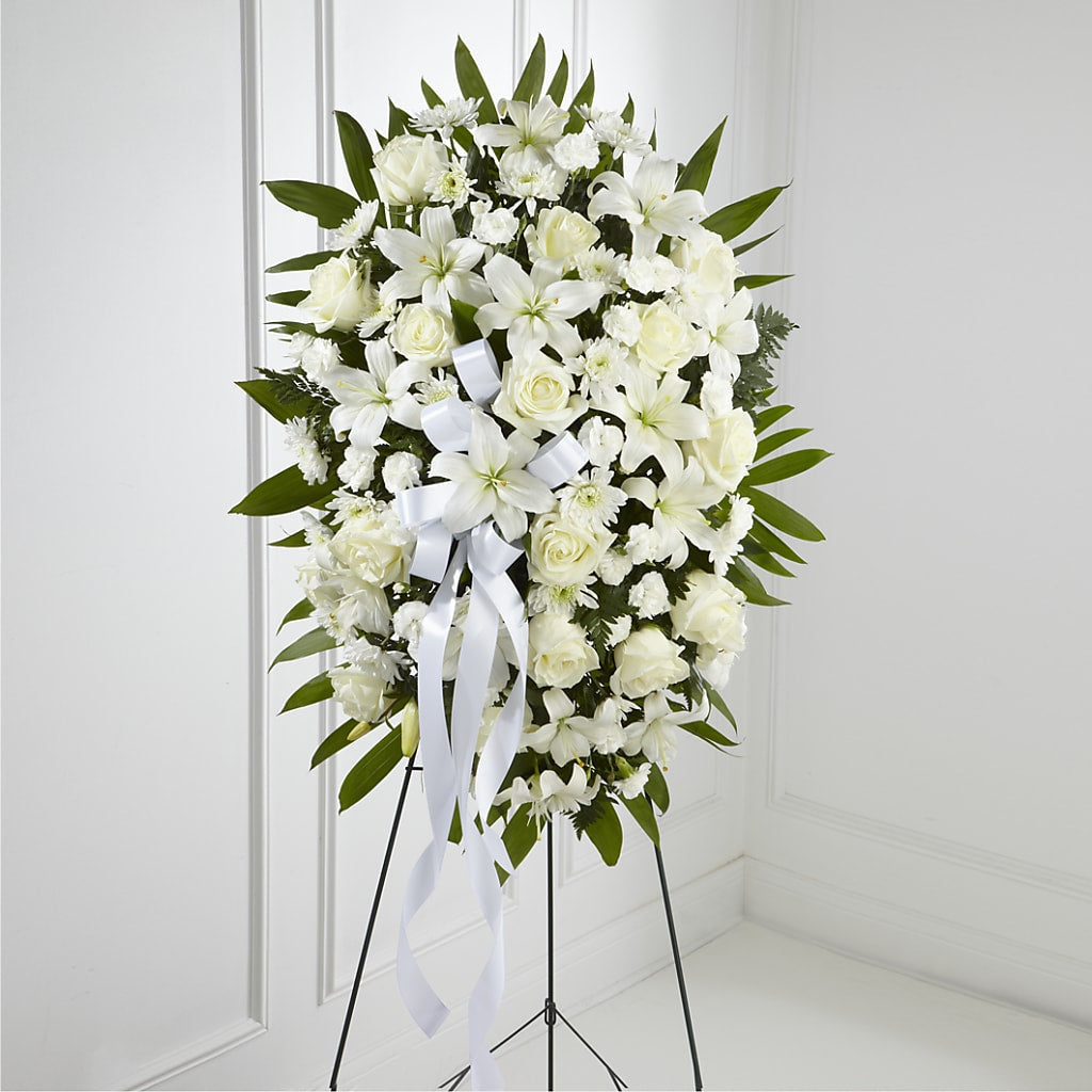 Exquisite Tribute Standing Spray-White Ribbon – Flowers By Oralene Llc, Concord NC