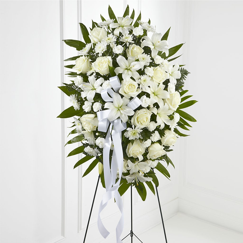 Exquisite Tribute Standing Spray-White Ribbon – Flowers By Oralene Llc, Concord NC